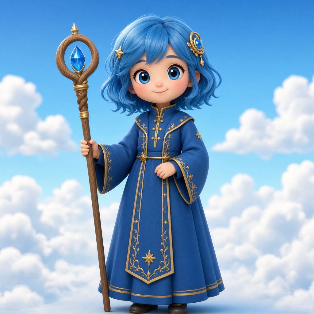A blue-haired priestess in a long modest robe