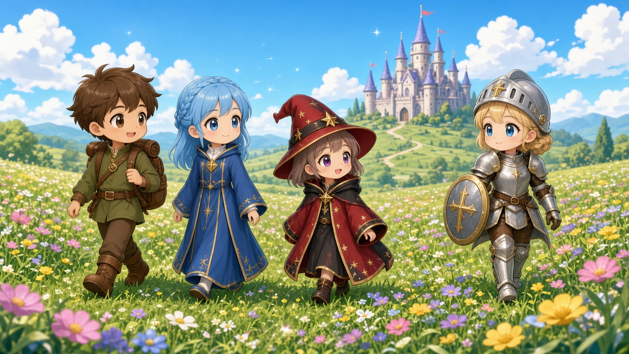 A cheerful fantasy party walking through a sunny meadow