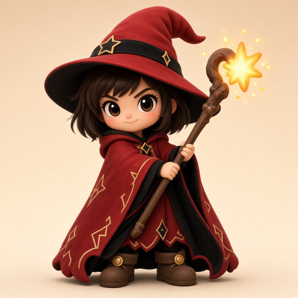 A small wizard in a big red cloak