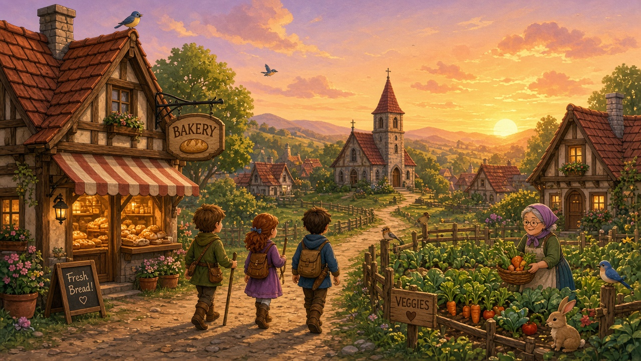 A fairy-tale village at sunset